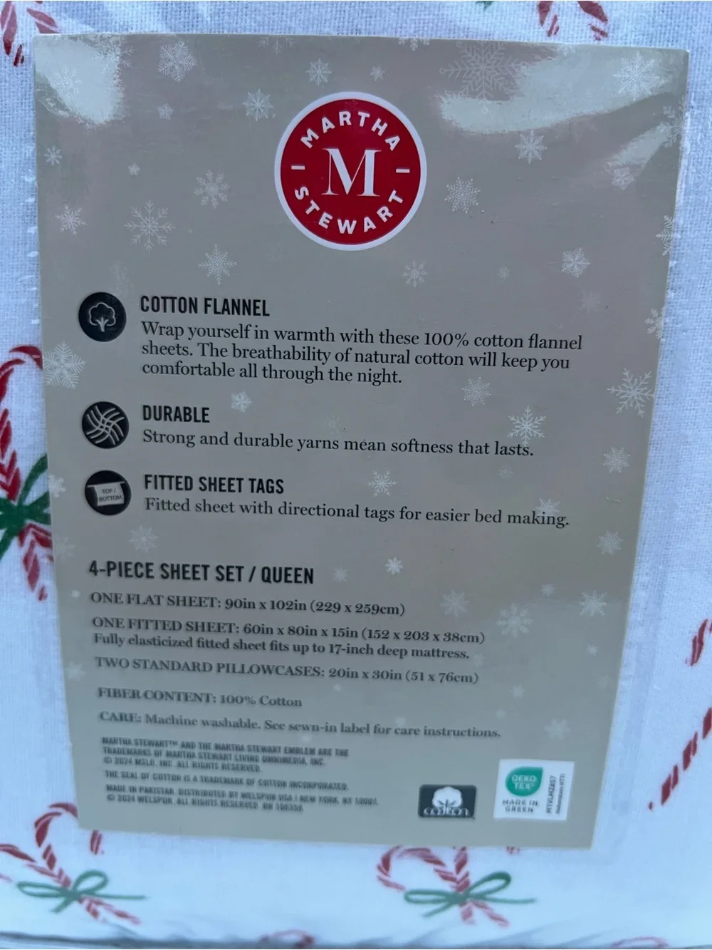 Martha Stewart Candy Cane Print Flannel Sheet Set - White, Red, Green